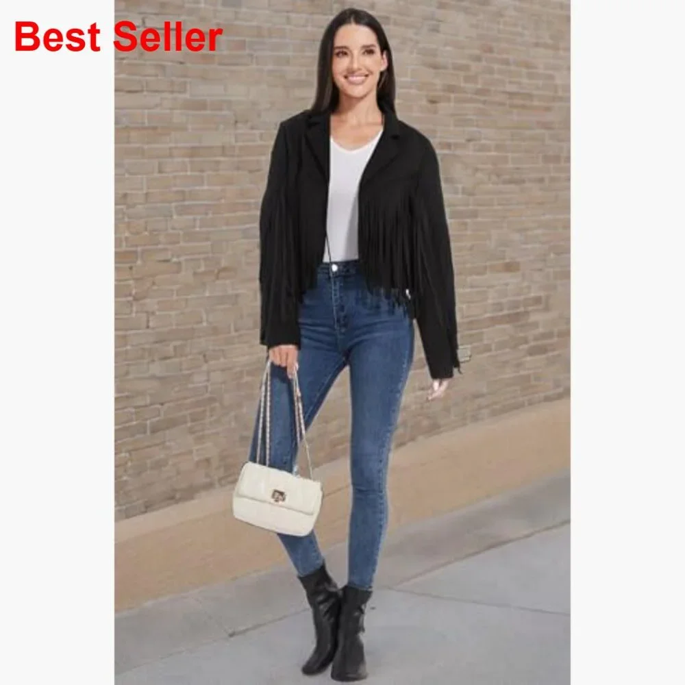 Fringe Faux Suede Cropped Jacket Western Cowgirl Coat - Picture 7 of 7